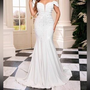 White Sequin Embellished Off The Shoulder Wedding Gown